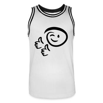 Face winks, shows two thumbs up. Emoticon. - Men's Basketball Jersey - white/black - Front - AI Model Male 185 dark (185cm)