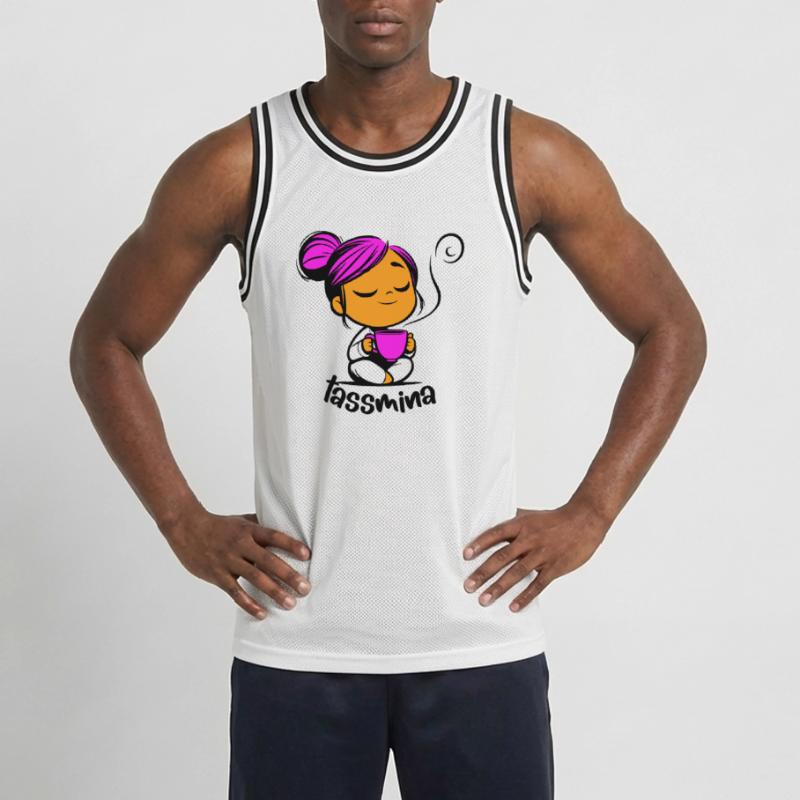 Tassmina enspannt mit einer Tasse Tee oder Kaffee Männer Basketball-Trikot