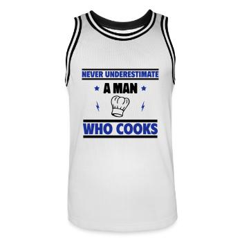 Unterschätze niemals einen Mann, der kocht - Männer Basketball-Trikot - Weiß/Schwarz - Vorne - AI Model Male 185 dark (185cm)