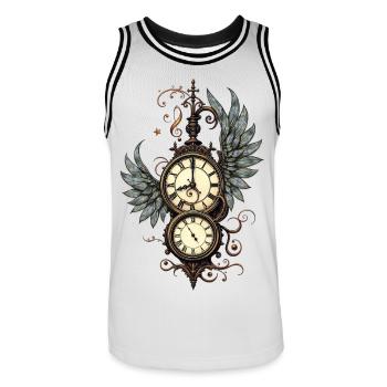 Flowers and mechanics: the magic of the steampunk clock. - Men's Basketball Jersey - white/black - Front - AI Model Male 185 dark (185cm)