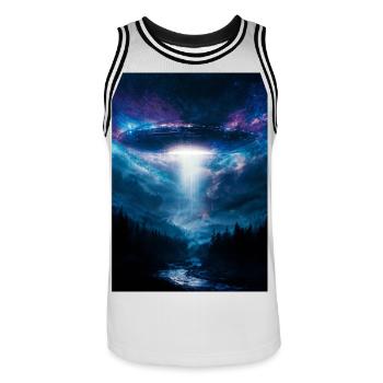 Faisceau d’OVNI au-dessus de la forêt de minuit - Maillot de basket Homme - blanc/noir - Devant - AI Model Male 185 dark (185cm)