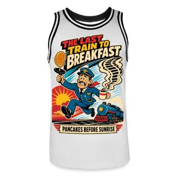 Le dernier train pour le petit-déjeuner – Humour ferroviaire - Maillot de basket Homme - blanc/noir - Devant - AI Model Male 185 dark (185cm)