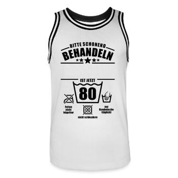 Schonend behandeln, 80. Geburtstag, Wunschname - Männer Basketball-Trikot - Weiß/Schwarz - Vorne - AI Model Male 185 dark (185cm)