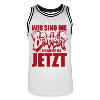 Wir sind die Brandmauer. Nie wieder ist jetzt - Männer Basketball-Trikot - Weiß/Schwarz - Vorne - AI Model Male 185 dark (185cm)