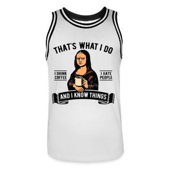 Je bois du café, je déteste les gens et je sais des choses - Maillot de basket Homme - blanc/noir - Devant - AI Model Male 185 dark (185cm)