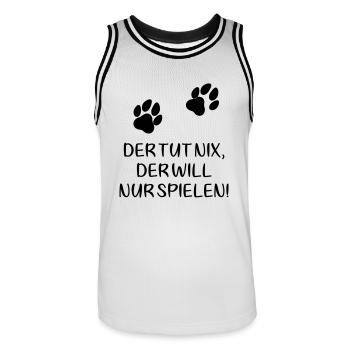 Zwei Pfoten: Der tut nix, der will nur spielen! - Männer Basketball-Trikot - Weiß/Schwarz - Vorne - AI Model Male 185 dark (185cm)