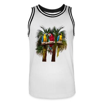 Three macaw parrots in front of palm trees - Men's Basketball Jersey - white/black - Front - AI Model Male 185 dark (185cm)