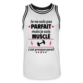 Pas parfait mais musclé, fête des pères, noël - Maillot de basket Homme - blanc/noir - Devant - AI Model Male 185 dark (185cm)
