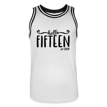 15th Birthday Women Hello Fifteen Est. 2008 - Men's Basketball Jersey - white/black - Front - AI Model Male 185 dark (185cm)