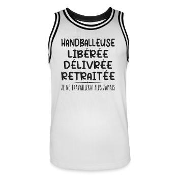 Handballeuse célèbre sa retraite avec humour cadea - Maillot de basket Homme - blanc/noir - Devant - AI Model Male 185 dark (185cm)