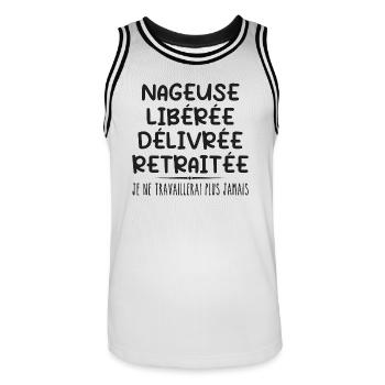 Nageuse célèbre sa retraite avec humour cadeau - Maillot de basket Homme - blanc/noir - Devant - AI Model Male 185 dark (185cm)