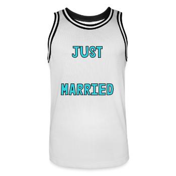 JUST MARRIED. Bachelorette party. VALENTINE'S DAY. COUPLE - Men's Basketball Jersey - white/black - Front - AI Model Male 185 dark (185cm)
