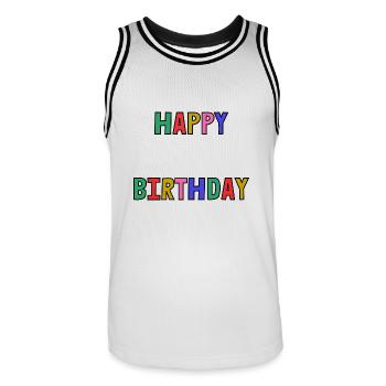 HAPPY BIRTHDAY. HAPPY BIRTHDAY. ANNIVERSARY. - Men's Basketball Jersey - white/black - Front - AI Model Male 185 dark (185cm)