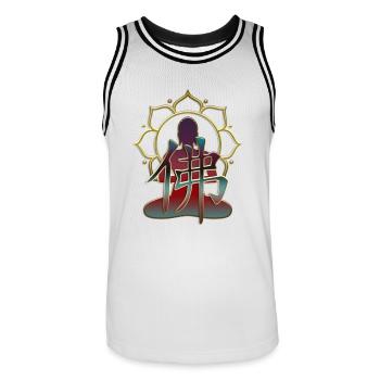 BOUDDHA / caractère, figure, fleur de lotus - Maillot de basket Homme - blanc/noir - Devant - AI Model Male 185 dark (185cm)