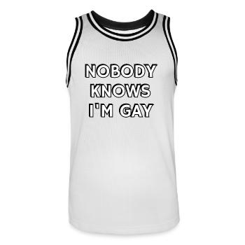 Nobody knows Im Gay Pride Humor - Männer Basketball-Trikot - Weiß/Schwarz - Vorne - AI Model Male 185 dark (185cm)