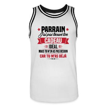 Parrain j'ai pas trouvé ton cadeau, Humour parrain - Maillot de basket Homme - blanc/noir - Devant - AI Model Male 185 dark (185cm)