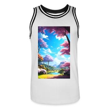 Friedliche, helle und glückliche Anime-Naturszene - Männer Basketball-Trikot - Weiß/Schwarz - Vorne - AI Model Male 185 dark (185cm)