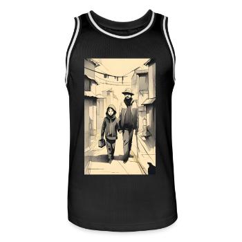 Croquis à l’encre de rue père et fille - Maillot de basket Homme - noir/blanc - Devant - AI Model Male 185 dark (185cm)