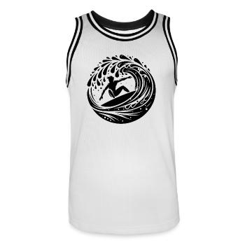 Professional surfer surfing in wave tunnel - Men's Basketball Jersey - white/black - Front - AI Model Male 185 dark (185cm)