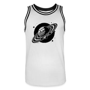 Giant planet with rings and moons in front of sun - Men's Basketball Jersey - white/black - Front - AI Model Male 185 dark (185cm)