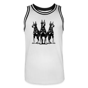 Three Dobermans dogs alert and attentive - Men's Basketball Jersey - white/black - Front - AI Model Male 185 dark (185cm)