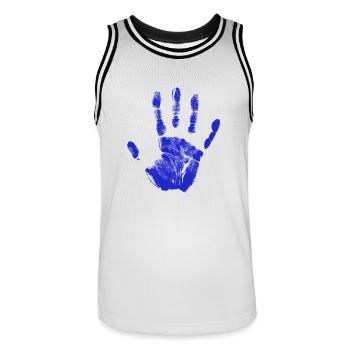 Empreinte de main peinte identité doigts et paume bleu - Maillot de basket Homme - blanc/noir - Devant - AI Model Male 185 dark (185cm)