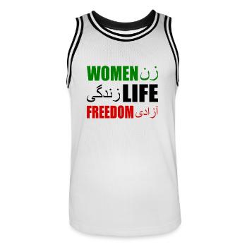 Women life freedom - Men's Basketball Jersey - white/black - Front - AI Model Male 185 dark (185cm)