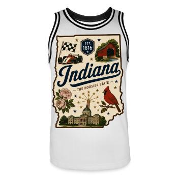 Indiana Hoosier State Vintage-Reiseaufkleber - Männer Basketball-Trikot - Weiß/Schwarz - Vorne - AI Model Male 185 dark (185cm)