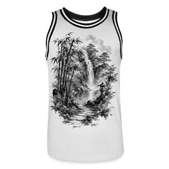 La nature japonaise avec du bambou et une cascade - Maillot de basket Homme - blanc/noir - Devant - AI Model Male 185 dark (185cm)