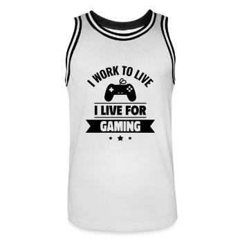 I work to live, I live for gaming - Men's Basketball Jersey - white/black - Front - AI Model Male 185 dark (185cm)
