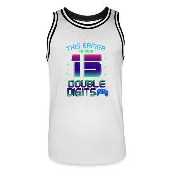 Ce joueur est maintenant 15 à deux chiffres 15. - Maillot de basket Homme - blanc/noir - Devant - AI Model Male 185 dark (185cm)