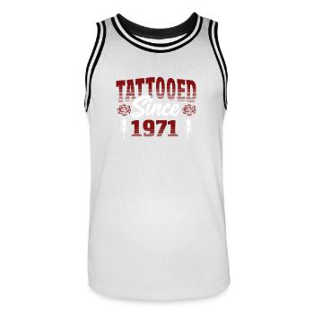 Tatoué depuis 1971 Thème Rose Rouge - Maillot de basket Homme - blanc/noir - Devant - AI Model Male 185 dark (185cm)