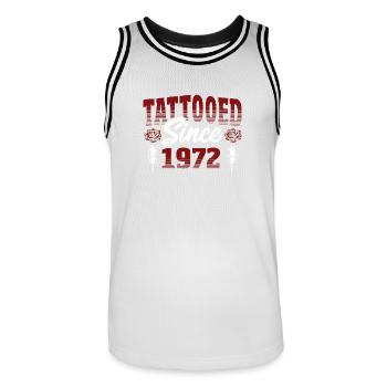 Tattooed Since 1972 Red Rose Theme Tattoo Ink - Men's Basketball Jersey - white/black - Front - AI Model Male 185 dark (185cm)