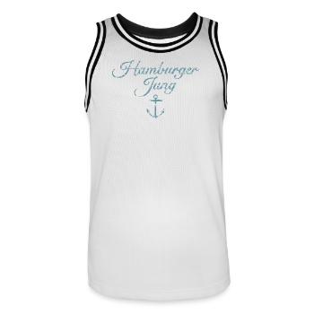 Hamburger Jung (Vintage Hellblau) Hamburg Anker - Männer Basketball-Trikot - Weiß/Schwarz - Vorne - AI Model Male 185 dark (185cm)