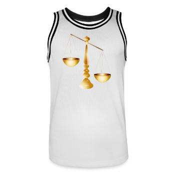 two scales on a beam with stand - Men's Basketball Jersey - white/black - Front - AI Model Male 185 dark (185cm)