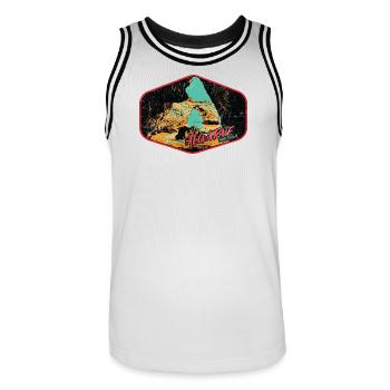 Retro-Abzeichen, Algarve Portugal, Strand Sommersonne - Männer Basketball-Trikot - Weiß/Schwarz - Vorne - AI Model Male 185 dark (185cm)