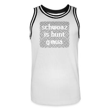 Schwoaz is colorful gmua - black is colorful enough - Men's Basketball Jersey - white/black - Front - AI Model Male 185 dark (185cm)