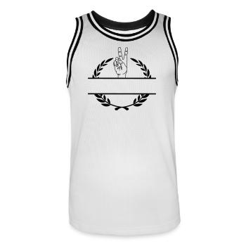 Friedenszeichenhand im Lorbeerkranzmonogramm - Männer Basketball-Trikot - Weiß/Schwarz - Vorne - AI Model Male 185 dark (185cm)