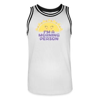 Cheerful sun with the inscription I'm a morning person - Men's Basketball Jersey - white/black - Front - AI Model Male 185 dark (185cm)