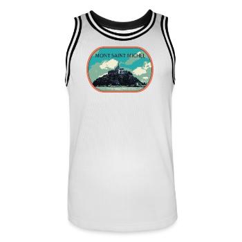 Illustration in blue and green of Mont Saint Michel - Men's Basketball Jersey - white/black - Front - AI Model Male 185 dark (185cm)