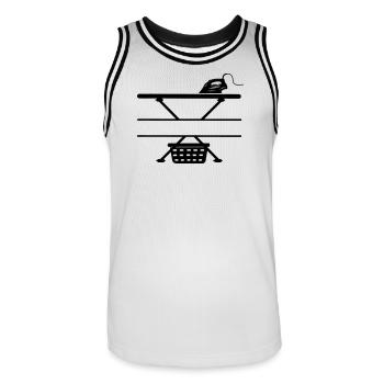 Iron, ironing board and laundry basket, text banner - Men's Basketball Jersey - white/black - Front - AI Model Male 185 dark (185cm)