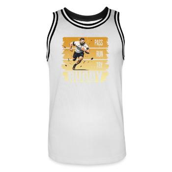 Pass - Run - Try - Rugby - Männer Basketball-Trikot - Weiß/Schwarz - Vorne - AI Model Male 185 dark (185cm)