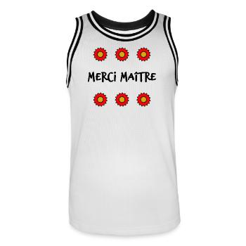 MEISTER. MEISTER. VIELEN DANK. DANKE, MEISTER. MEISTER - Männer Basketball-Trikot - Weiß/Schwarz - Vorne - AI Model Male 185 dark (185cm)