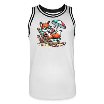 Cheerful cartoon fox on the beach on a lounger - Men's Basketball Jersey - white/black - Front - AI Model Male 185 dark (185cm)