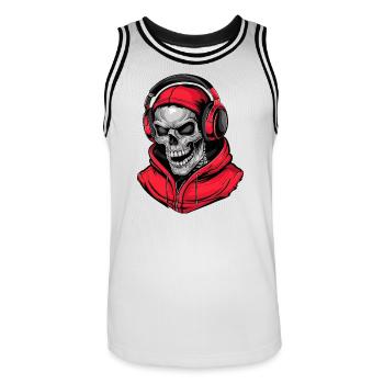 Skull in Red Hoodie with Headphones - Men's Basketball Jersey - white/black - Front - AI Model Male 185 dark (185cm)
