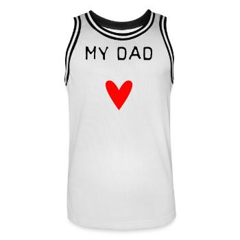 DAD. FATHER'S DAY. HAPPY FATHER'S DAY. HAPPY BIRTHDAY. - Men's Basketball Jersey - white/black - Front - AI Model Male 185 dark (185cm)