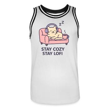 Lofi Cat Hoodie – Stay Cozy Stay Lofi Vibes - Männer Basketball-Trikot - Weiß/Schwarz - Vorne - AI Model Male 185 dark (185cm)