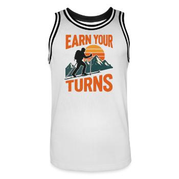 Skitouren Motiv - Earn Your Turns Bergabenteuer - Männer Basketball-Trikot - Weiß/Schwarz - Vorne - AI Model Male 185 dark (185cm)