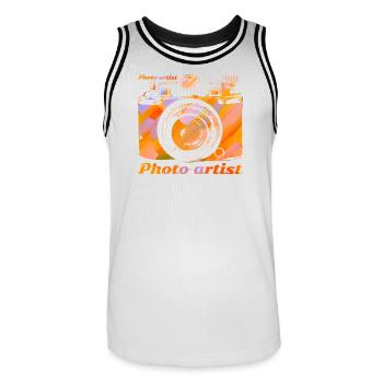 Kamera in leuchtenden Farben - Männer Basketball-Trikot - Weiß/Schwarz - Vorne - AI Model Male 185 dark (185cm)