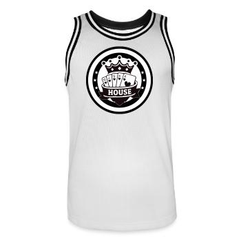 Royal Flush of the House Heart Poker Emblem - Men's Basketball Jersey - white/black - Front - AI Model Male 185 dark (185cm)